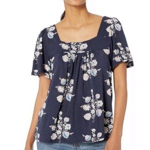 Lucky Brand Blue Floral Square Neck Short Sleeve Boho Top